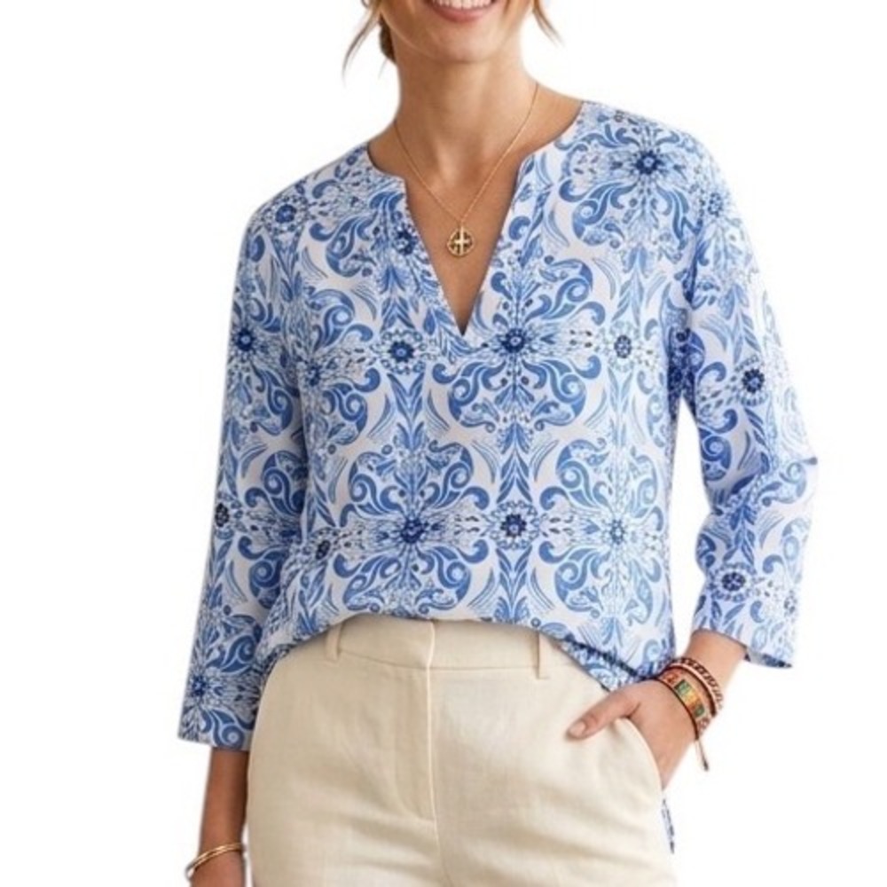 Cato‎ Woman Blue White Damask Medallion Tunic Blouse 3/4 Sleeve Plus 18/20W